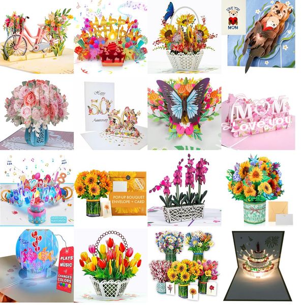 Cartões de felicitações 3D Pop -Up Card Spring Flower Bike para o Dia das Mães Todos os OCNs 5 x 7 ER Inclui envelope e tag de nota Drop Drop AMW8G