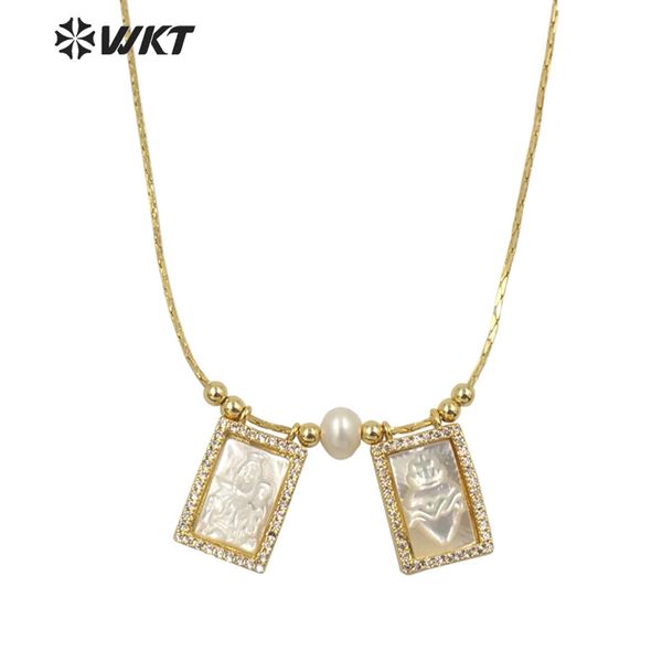 Halsketten WTJN137 Super heißes weißes Perlmutt, geschnitzte Heilige Maria-Herz-Anhänger-Halskette, Gold, doppelte weiße Muschel-Maria-Christian-Halskette