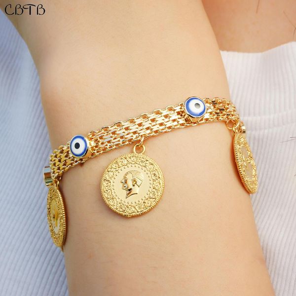 Braggle fortunato Blu Eye Eye Eye Bracciale gioiello 18K Real Portrait Gold Portrait Coin Pendant Unisex Simple Chain Bracelets Bulk all'ingrosso Bulk all'ingrosso