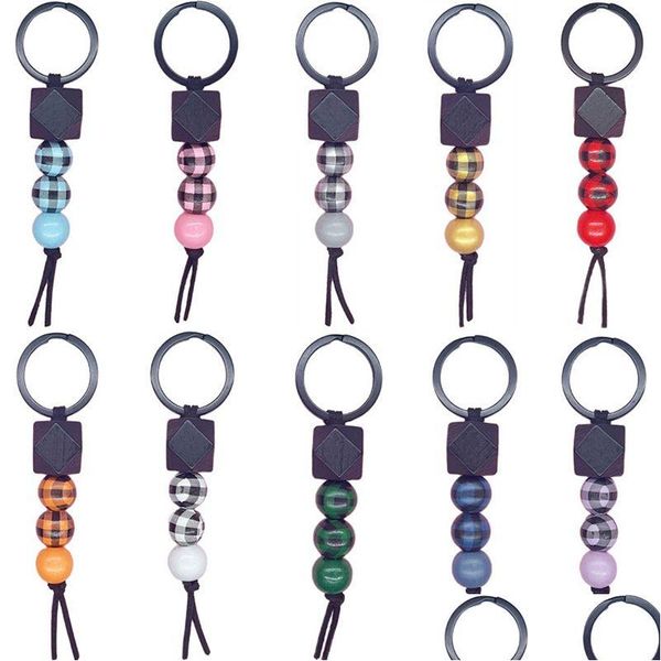 Schlüsselanhänger, Lanyards, Holzperlen, gestreifter Druck, Perlen-Schlüsselanhänger, schwarze dekorative Quaste, Schlüsselanhänger, Geschenk, Schlüsselanhänger, Drop-Lieferung, Mode, Dh9RS