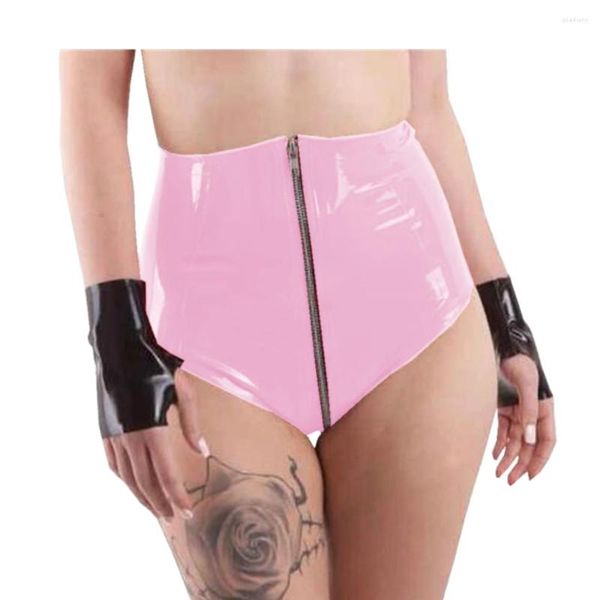Женские шорты блестящие ПВХ высокий талия треугольник сексуальный искусственный кожаный zip Zip Ночной клуб костюми