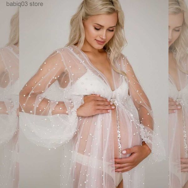 Abiti premaman Maternità Fotografia Stereo Perla Manica lunga Cappotto in tulle Prospettiva sexy Abito lungo Abiti gravidanza per servizio fotografico T230523