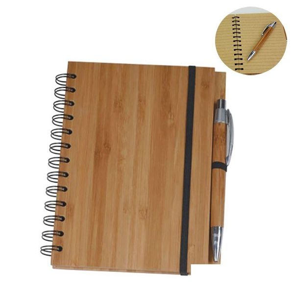 Notas de notas DIY Wood Bamboo ER Notebook Spiral Bloco com caneta 70 lençóis Reciclado Papel Reciclado 18x13.5 cm Drop Delivery Office School B Dhbaq