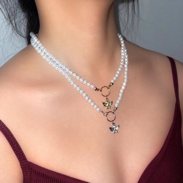 Ketten 2023 Mode Nachahmung Perlen Halskette Für Frauen Gold Silber Farbe Metall Engel Pendent Nette Schmuck Party Geschenke