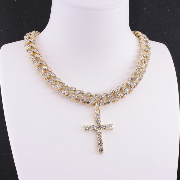 Colares Cruz Pingente 10mm Hip Hop Miami Cuban Link Chain Masculino Colar Gelado Mulheres Rapper Cantor Cristal Jóias Religião Rock Roll