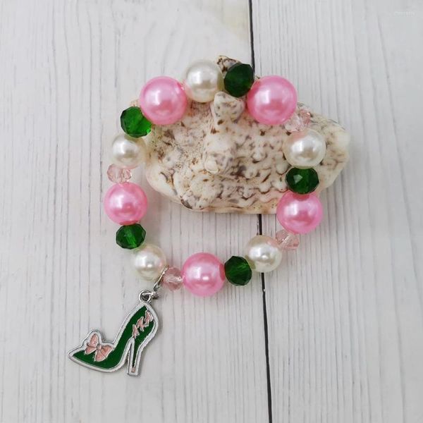 Strang Handgefertigtes elastisches griechisches Schwesternschafts-Armband mit rosa und grünen Schuhen mit hohen Absätzen, femininer Modeschmuck, der meistverkaufte Artikel