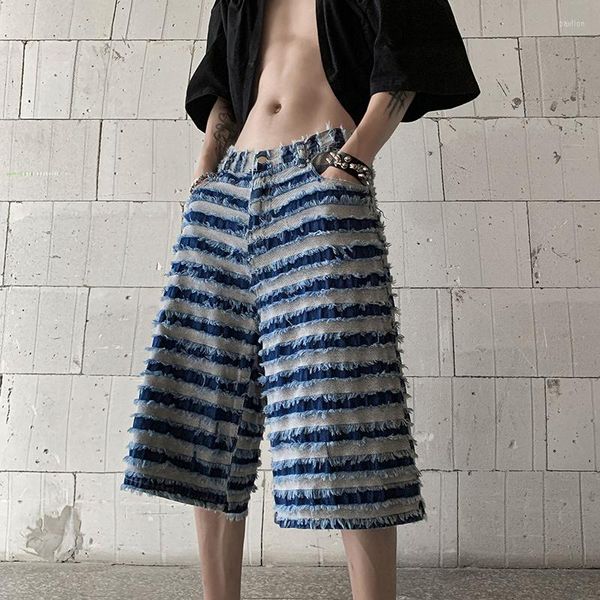 Shorts masculinos verão jeans vintage moda moda retro japonesa streetwear hip-hop jeans listrado solto m-2xl