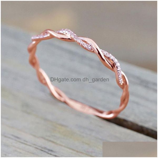 Bandringe Dünne Schnur Twist Ring Rose Gold Farbe Mini Finger Micro Kristall Fl Pave Einstellung Adel Niedlich Schmuck Fabrik Pr Dhgarden Dhqt3