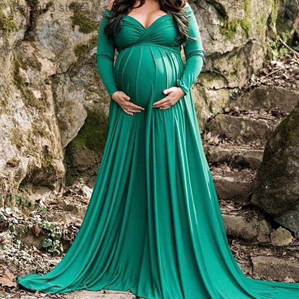 Umstandskleider Neues elegantes Umstandsabend-Partykleid mit langen Ärmeln, überkreuzter V-Ausschnitt vorne, schmale Passform, Maxi-Fotokleid für Fotoshooting, Kostüm T230523