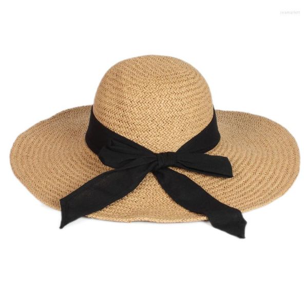 Breite Krempe Hüte Großhandel Sommer Mode Dame Frauen Große Stroh Panama Hut Floppy Falten Bowknot Elegante Strand Kappe