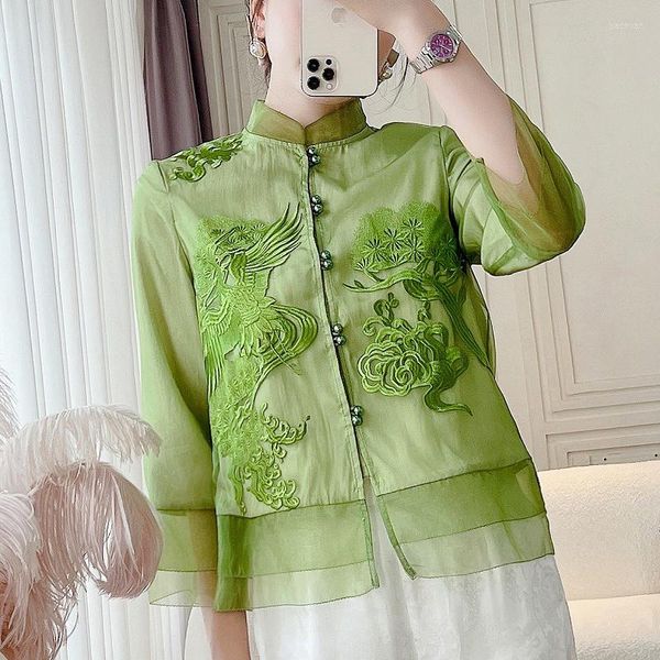 Ethnische Kleidung Sommer chinesischer Stil Stehkragen Blumen- und Vogelstickerei gespleißte Organza-Manschette zweireihige Damenjacke S-XXL