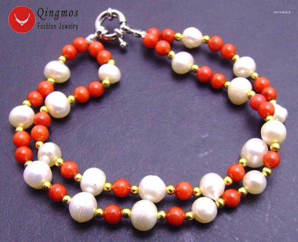 Strand Qingmos Round 6mm Bracciale di perle bianche d'acqua dolce naturale per donna con corallo rosso 5mm 2 fili 7.5