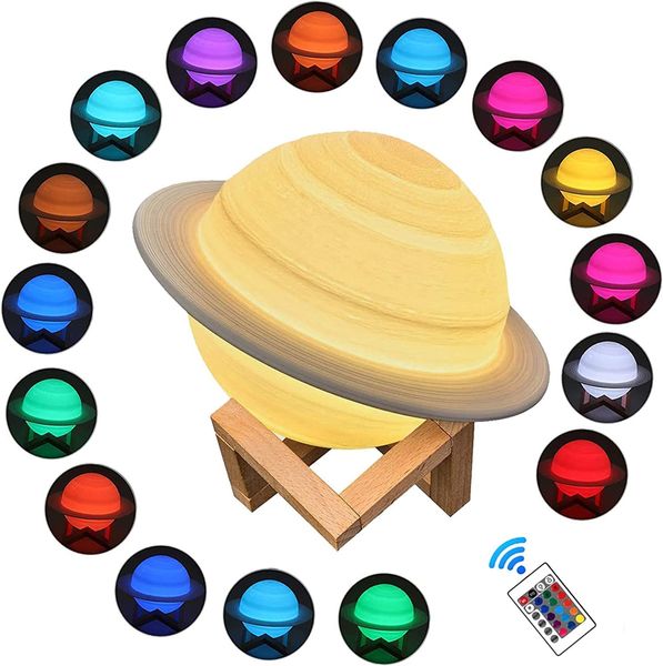 LED Saturn Night Light Stampa 3D 13cm 16 colori Lampada da comodino con supporto, telecomando touch control USB ricaricabile per regali di festa per bambini amici