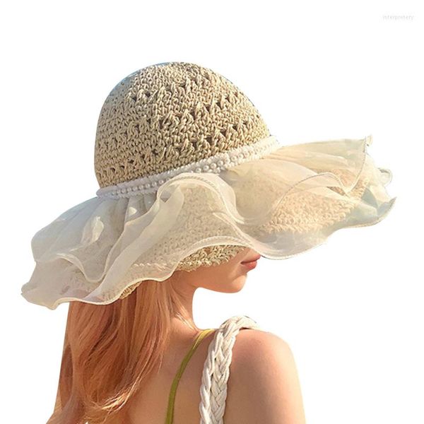 Chapéus de aba larga Chapéu Mulheres Ins inseros de palha de crochê Big Crochet All-Match Ladies Sun Protection feminino 2023 verão