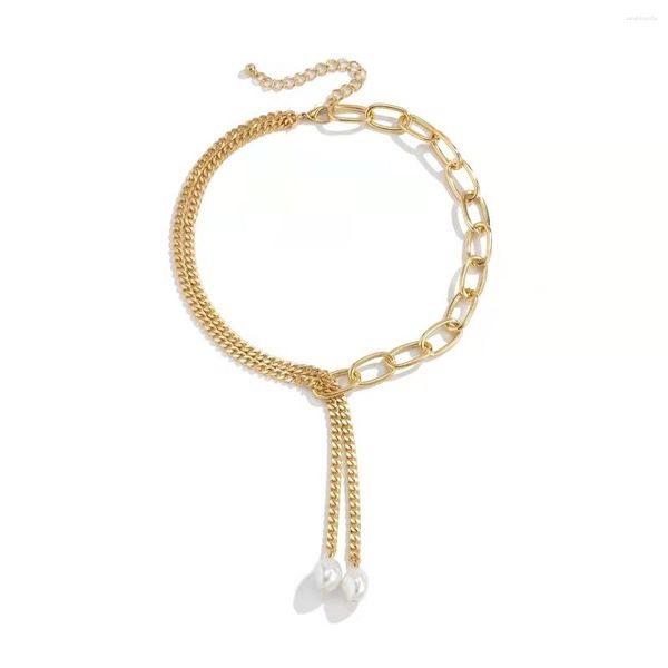 Ketten Mode Perle Cuban Link Kette Halskette Frauen Männer Gold Farbe Hip Hop Schlüsselbein Vintage Edelstahl Schmuck Geschenk