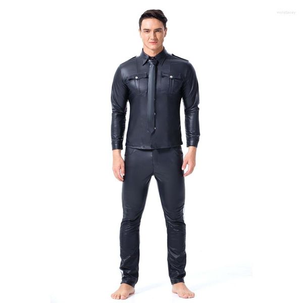 Camisas masculinas Camisas de couro Black Faux Men the Fitness Camise