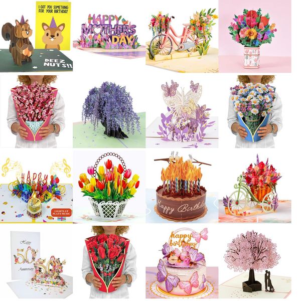 Grußkarten Pop-Up-Kirschblüten, 30,5 cm, lebensgroß, Blumenstrauß, 3D-Popup mit Notizkarte und Umschlag, Drop-Lieferung Am26X