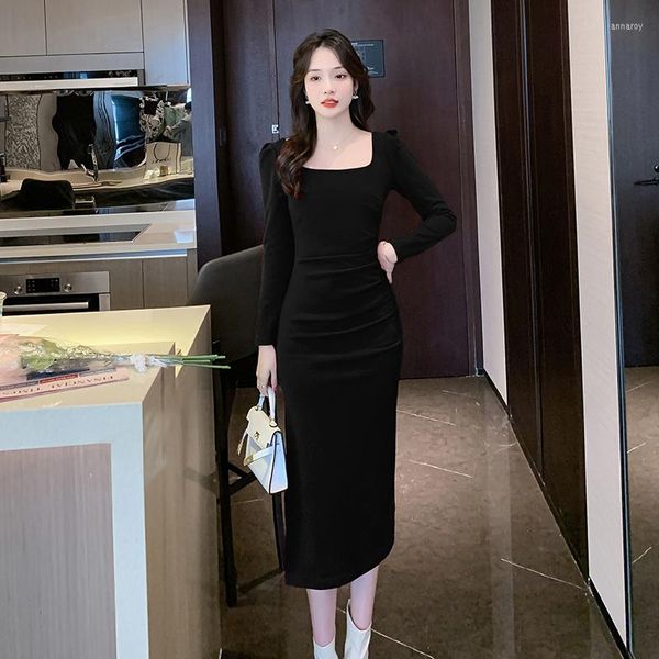 Sıradan Elbiseler Siyah Kadın Mizaç Sonbahar 2023 Uzun Kollu Göster İnce Hepburn Rüzgar Tam Etek Elbise