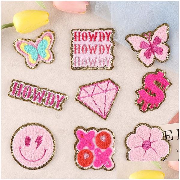 Nozioni di cucito Strumenti Iron Ones Pink Smile Face Farfalla Lettera Carino ciniglia ricamato decorativo Appliques Sticker per abbigliamento Dh4M8