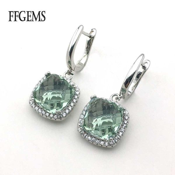 Nó FFGems Natural Verde Cristal quadrado grande pedra pendurar Brinco de prata esterlina 925 para mulheres festa de casamento caixa de presente atacado