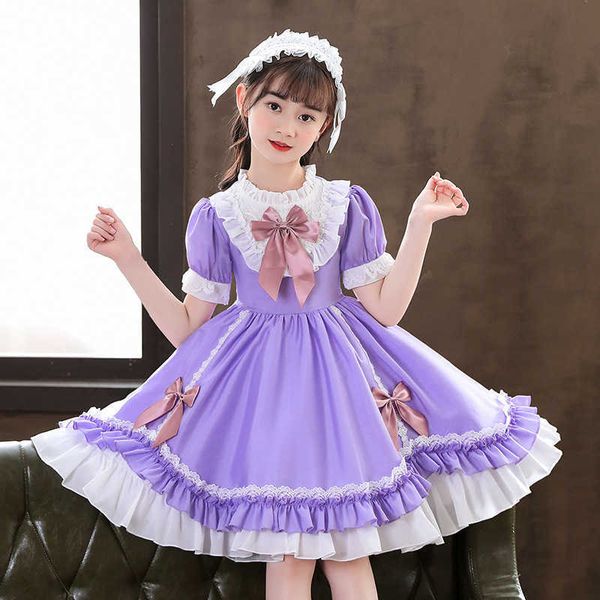 Mädchenkleider Japanische kurzärmelige süße Lolita-Dienstmädchen-weiche Mädchen-Frauen-Uniform blaue Spitze-Prinzessin-Kleid Rollenspielkostüm G220523