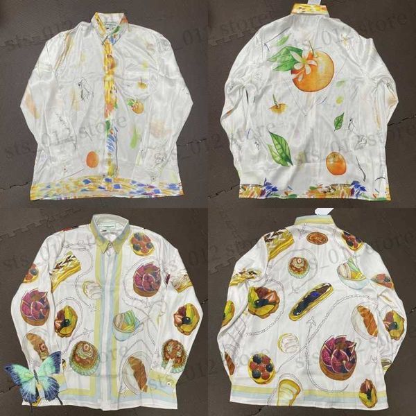 Camicie casual da uomo 23ss New Casablanca Camicie Colore arancione Cibo delizioso Stampa Camicia a fiori a maniche lunghe in seta a maniche lunghe con temperamento vintage T230523