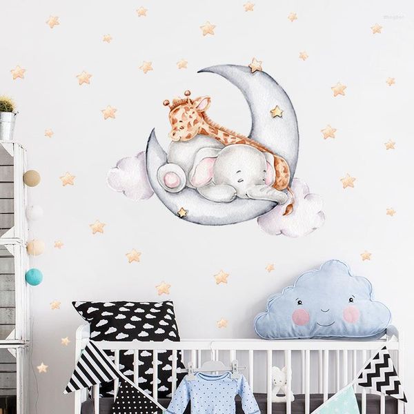 Adesivos de parede desenho animado bebê elefante girafa dormindo na lua para decalques de decoração de quarto de crianças adesivo de PVC