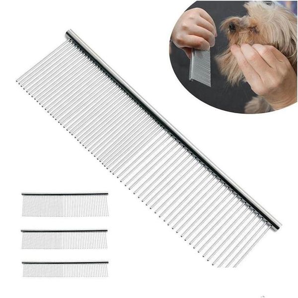 Cães de limpeza de animais de aço inoxidável pente anti -estático de gato e cabelo de cabelo de limpeza de animais de estimação de animais de estimação 19x4cm Drop Drop Home Garden Dhuqe