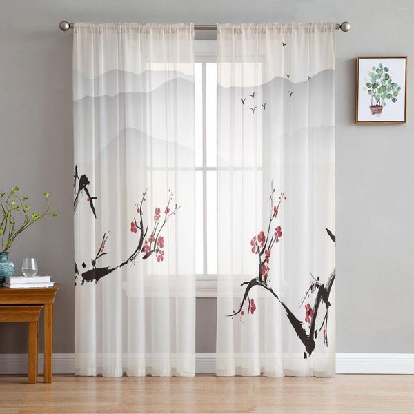 Vorhang im chinesischen Stil, Pflaumenblüten-Landschaft, durchsichtige Vorhänge für Wohnzimmer, Schlafzimmer, Dekor, Chiffon, Tüll, Voile, Küchenfenster