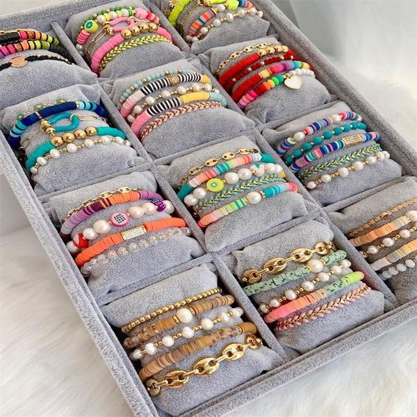 Pulseiras kkbead conjunto de pulseira de pérola natural argila de polímero heishi frisado jóias corrente pulseiras conjuntos para presente feminino moda jóias