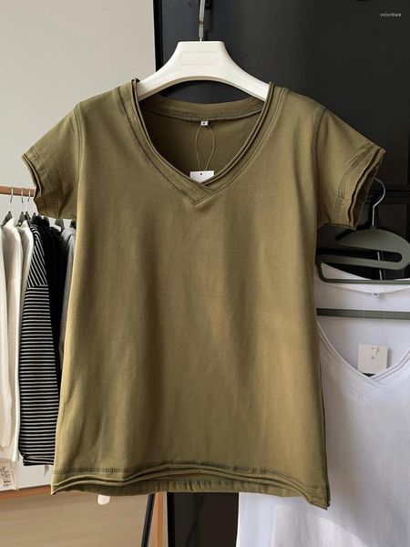 Damen-T-Shirts, olivgrün, reine Baumwolle, kurzärmelig, V-Ausschnitt, für Damen, koreanisches lässiges, doppellagiges Saum, vielseitige, schmale Passform