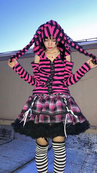 Etekler Sonbahar kış harajuku tarzı kızlar ekose yüksek bel pileli tatlı lolita mini kek Kawaii kız takım elbise