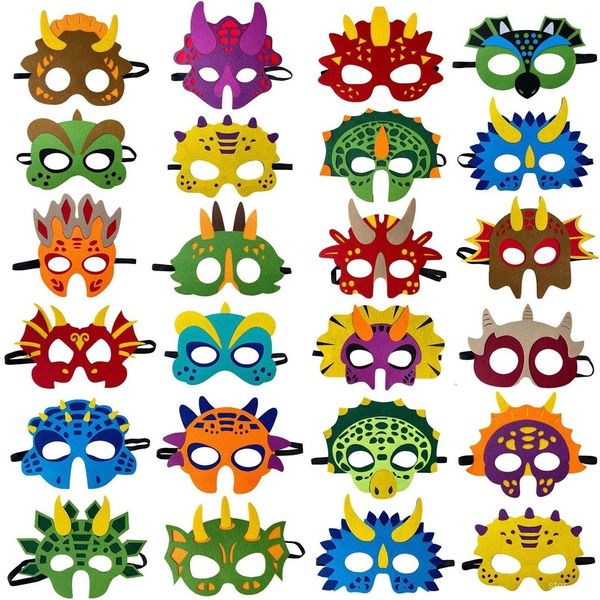 Máscaras de festa 24 PCs máscaras de festas de dinossauros sentiram material de festas de dino decoração de diferentes tipos para a festa de aniversário de Natal do Halloween 230523