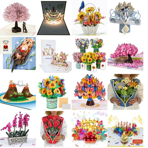 Biglietti d'auguri pop-up con fiori tropicali, bouquet di fiori a grandezza naturale da 30,5 cm, pop-up 3D con bigliettino e busta, uccelli del paradiso, loto Am9Dt