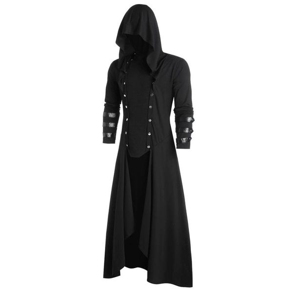 Herren-Trenchcoats, mittellang, Strickjacke, Mantel, großes Design, Gothic, mit Knöpfen, asymmetrische Kapuze, ethnische Minderheiten, Kunstleder-Oberteile