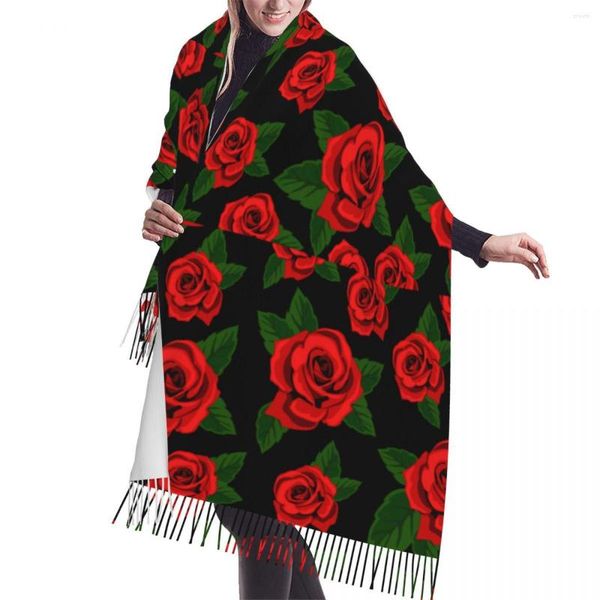 Lenços lenço de borla grande 196 68cm Pashmina Winter Shawl Wrap embrulhada Bufanda Rosas vermelhas com folhas verdes Cashmere