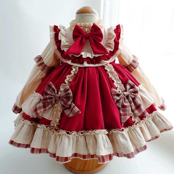 Abiti da ragazza 2-14Y Baby Girl Lolita Autunno Inverno Party Red Patch Work European Vintage Spanish Princess Prom Dress Christmas Eid al Fitr G220523