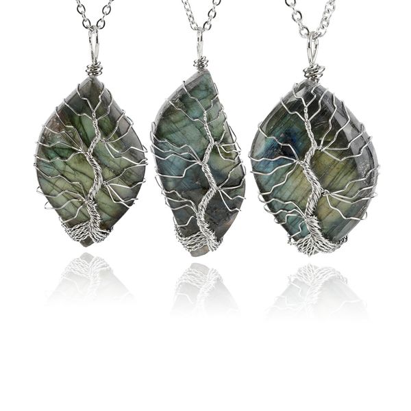 Ciondolo albero della vita intrecciato a mano in labradorite naturale Filo di rame bianco che avvolge Collana con ciondolo creativo in pietra irregolare Gioielli di guarigione Reiki