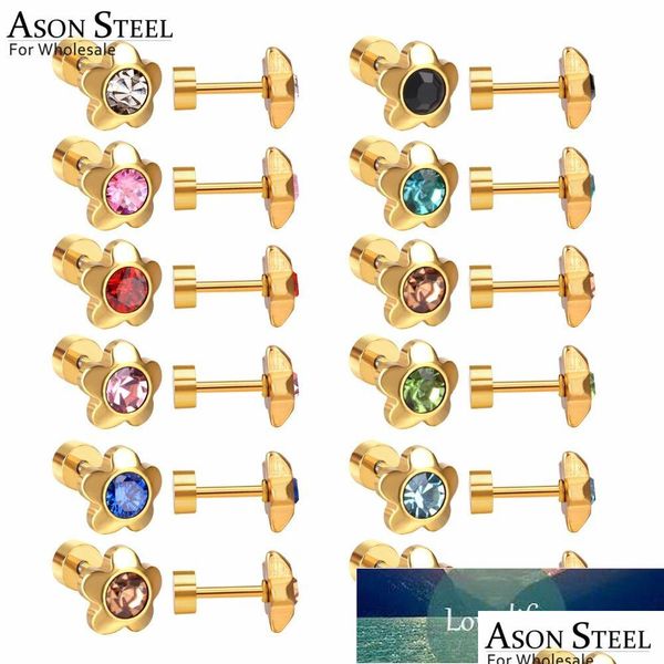 Stud Asonsteel 12 Paia / Lotto Oro / Argento Colore Colorf Cubic Zirconia Fiore Vite Orecchino Acciaio inossidabile Bambino Fabbrica all'ingrosso Dhgarden Dhutr