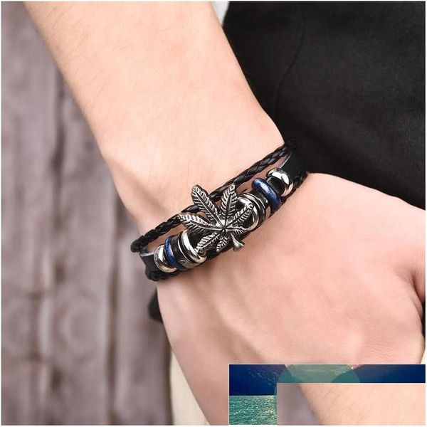 Charm Armbänder Punk Männer Lederarmband Mtilayer Geflochtener Armreif Skl Star Leaf Strang Frauen Handgemachter Freundschaftsschmuck GIF Dhgarden Dhzut