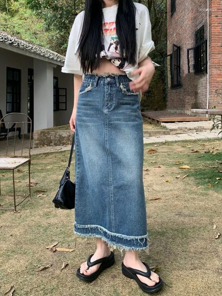 Röcke S-XL Quaste Lange Denim Rock 2023 Koreanische Stil Vintage Hohe Taille Mädchen Eine Linie Midi Frauen Jeans (SA04