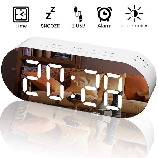 Orologi Accessori LED Orologio Specchio Viaggio Snooze Allarme Tavolo digitale Camera da letto Wake Up Light con doppio cavo di ricarica USB1