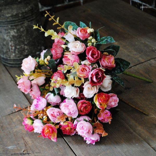 Flores decorativas estilo europeo de la pintura antigua como copos de nieve eucalipto 21 cabeza flor de simulación de seda rosa oferta especial