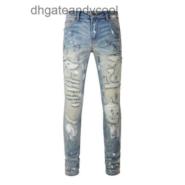 Denim Amiryes Jeans Designer Calças Homem Marca de Moda Splash-Ink Wash Água Azul Faça Velho High Street Buraco Grande Dano Elástico Slim Fit MX1 Pequena Perna Jeans Homem 69XV