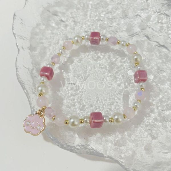 Braccialetti con ciondoli Vintage Pink Crystal Glaze Pearl Beads For Woman Gioielli di moda coreani Girl's Cute Sweet Bangle Pulseras Mujer