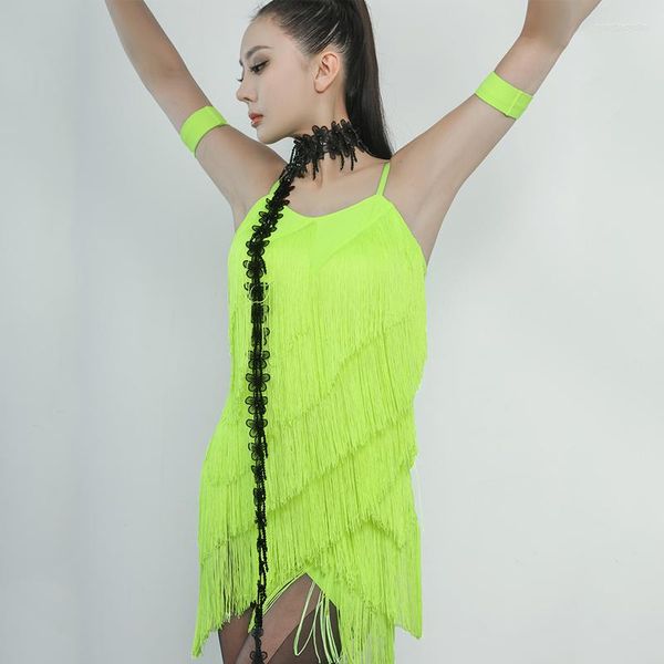 Vestido de dança latina de alta qualidade para mulheres Sexy Fluorescência FlueScence Sling Fringed Chacha Performance Figurinos DQS12911