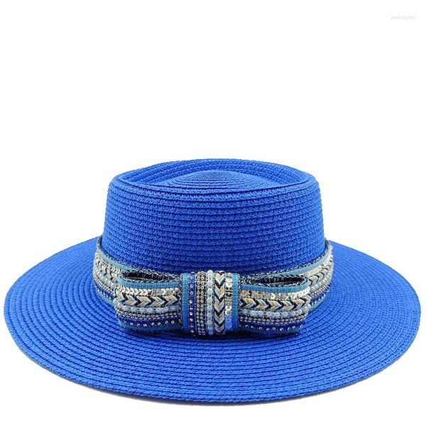 Berretti Cappello da spiaggia Tesoro Fiocco blu Sole Primavera Prodotto di paglia Flat Top estivo da uomo e da donna