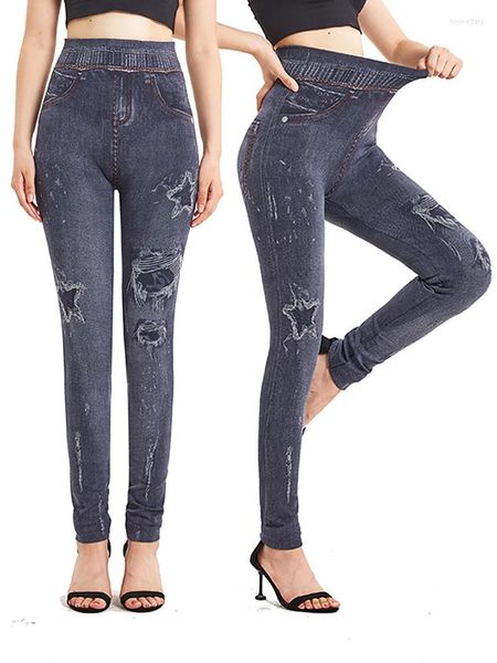 Leggings da donna INDJXND Jeans finti stampati con buco a stella Plus Size Pantaloni attillati elastici aderenti senza cuciture Yoga Sport Jeggings a vita alta S-3XL