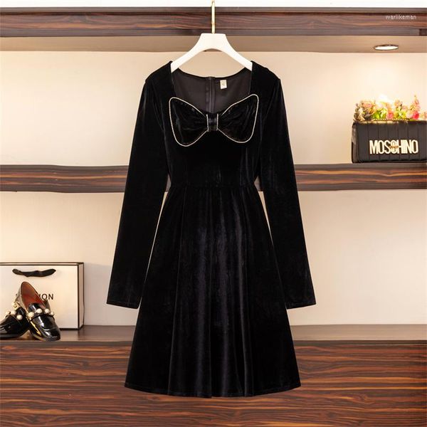 Vestidos casuais 4xl plus size mulheres vestido de veludo de arco vintage outono inverno 2023 colar de manga longa brilhante diamante preto preto