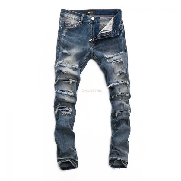 Designerkleidung Amires Jeans Denim-Hosen 2021 Amies Mens Wear Hole Patch Jeans Youth Fit Bedruckte Hosen Hole Blue Distressed Ripped Skinny Motorrad Biker Rock Hip h